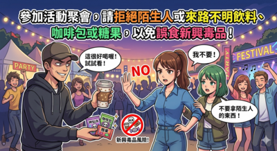 參加活動聚會，請拒絕陌生人或來路不明飲料、咖啡包 或糖果，以免誤食新興毒